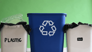 A blue recycling bin with three arrow recycling symbol. A white bin that says "plastic" to the left of the blue bin. A white bin that says "trash" to the right of the blue bin.